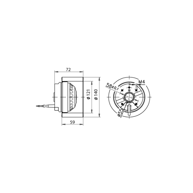 Måttskiss för Nibe Fighter 100P CU 089323 fläktmotor – exakta dimensioner för smidig installation.