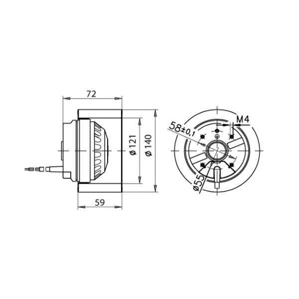 Måttskiss för Nibe Fighter 100P CU 089323 fläktmotor – exakta dimensioner för smidig installation.